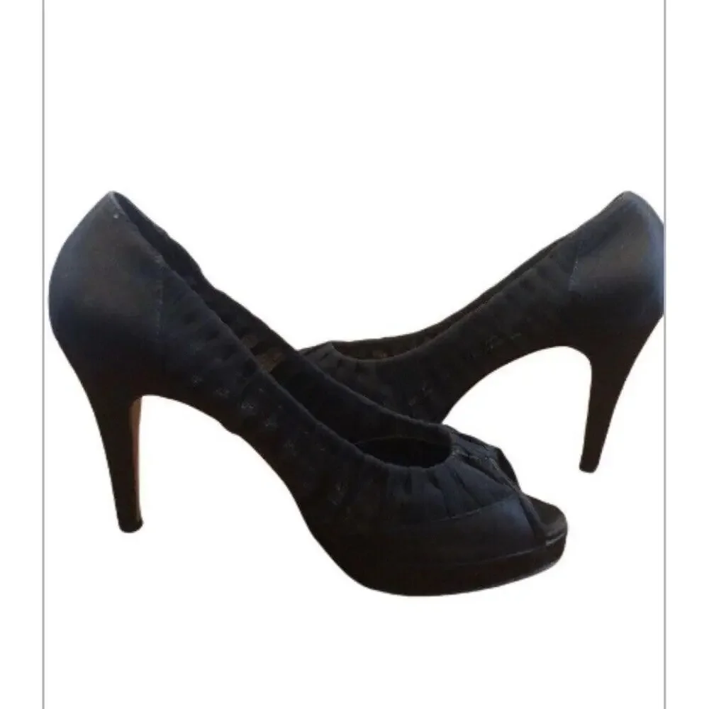 WHBM Shoes Womens 8M Black Satin Fabric High Heel Open Toe Platform Pumps Prom‎
